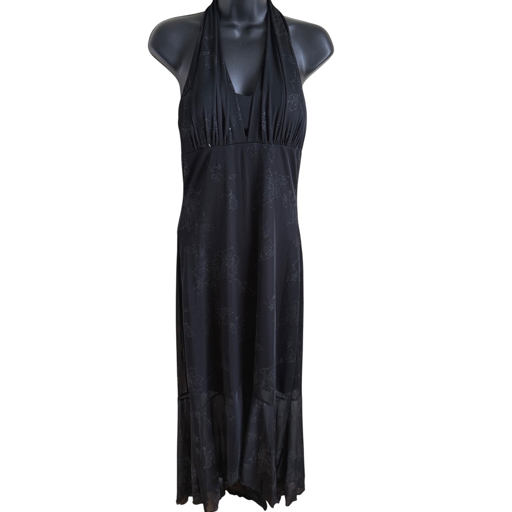 Vintage Y2K‎ Black Halter Maxi Dress Sheer Homecoming Backless Hoco Size M